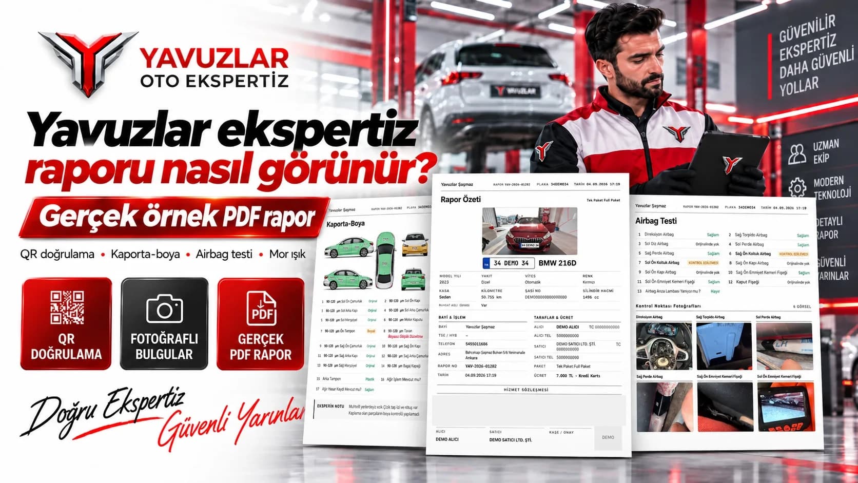 Yavuzlar Oto Ekspertiz örnek raporu: rapor özeti, kaporta-boya şeması ve airbag testi sayfaları